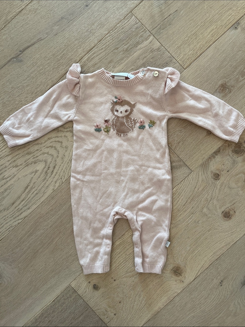Elegant Baby Knit One-Piece romper in Pale Pink with Owl motif